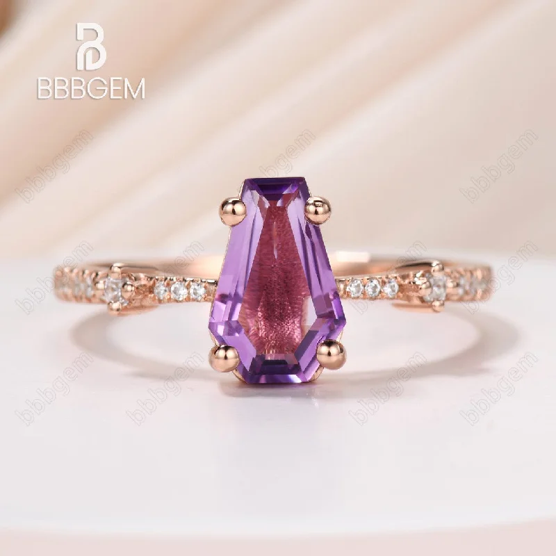 vintage sapphire engagement rings -14k Rose Gold Coffin Crystal Solitaire Engagement Ring With Purple Amethyst Feb Birthstone