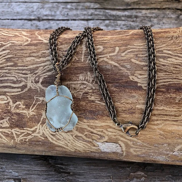 women statement necklaces -Bronze wire-wrapped sea glass pendant on bronze double chain