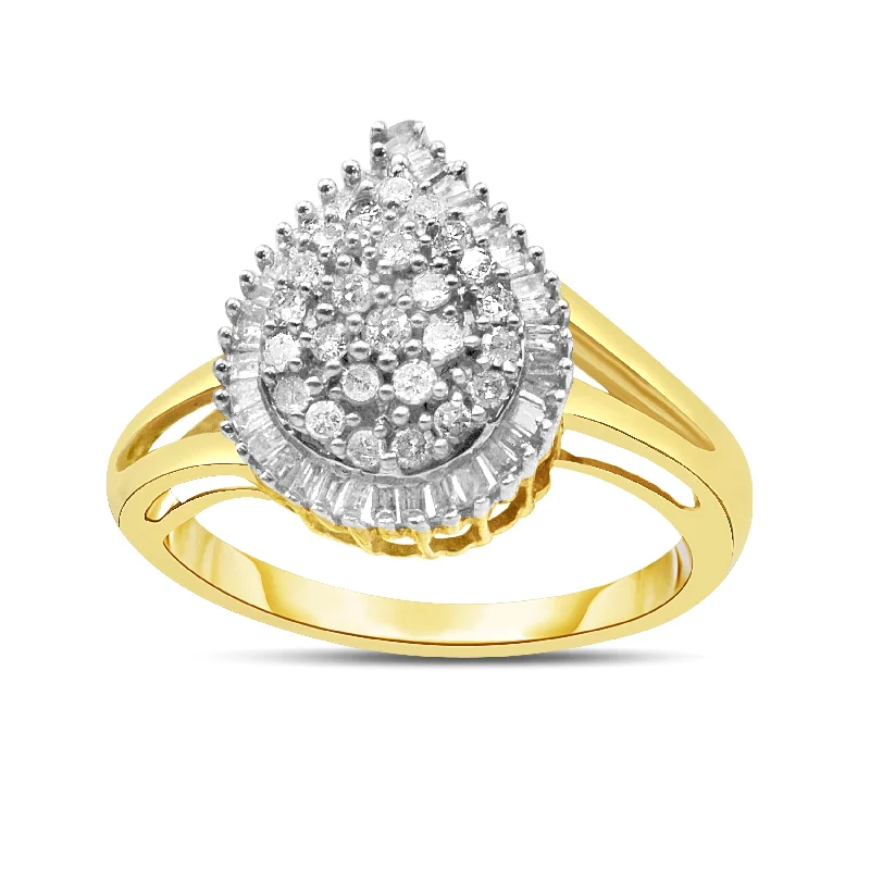 unique engagement rings -10K Yellow Gold 1/2 Cttw Round and Baguette-Cut Diamond Pear Ring