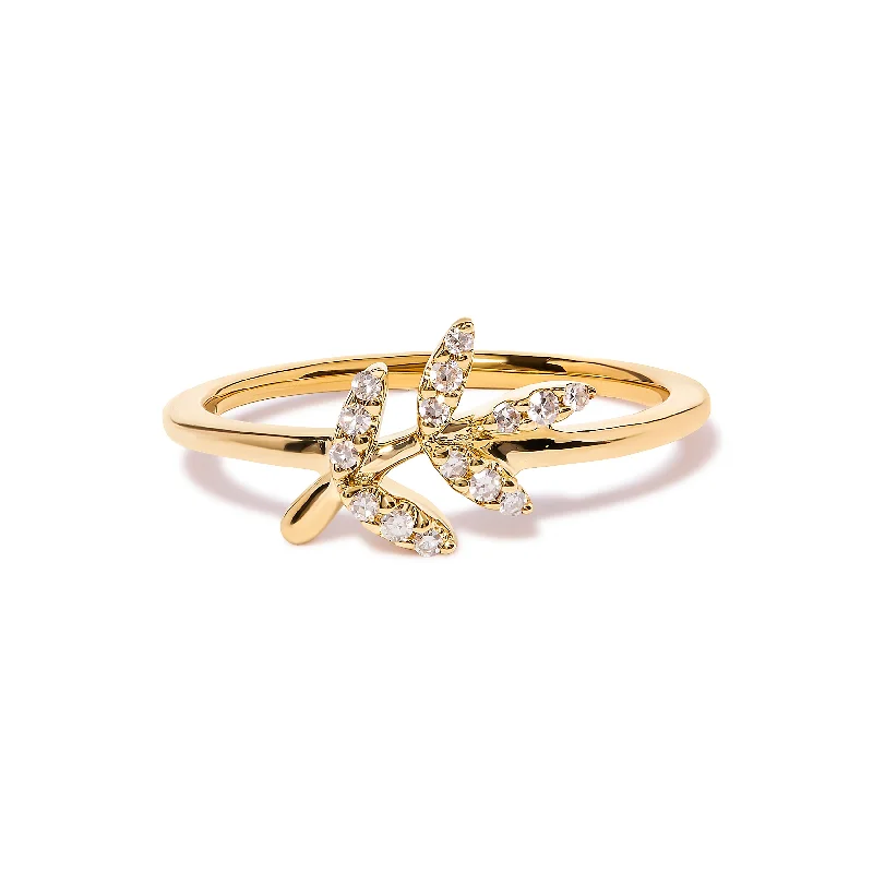 romantic engagement rings -10K Yellow Gold 1/10 Cttw Diamond Leaf and Branch Ring