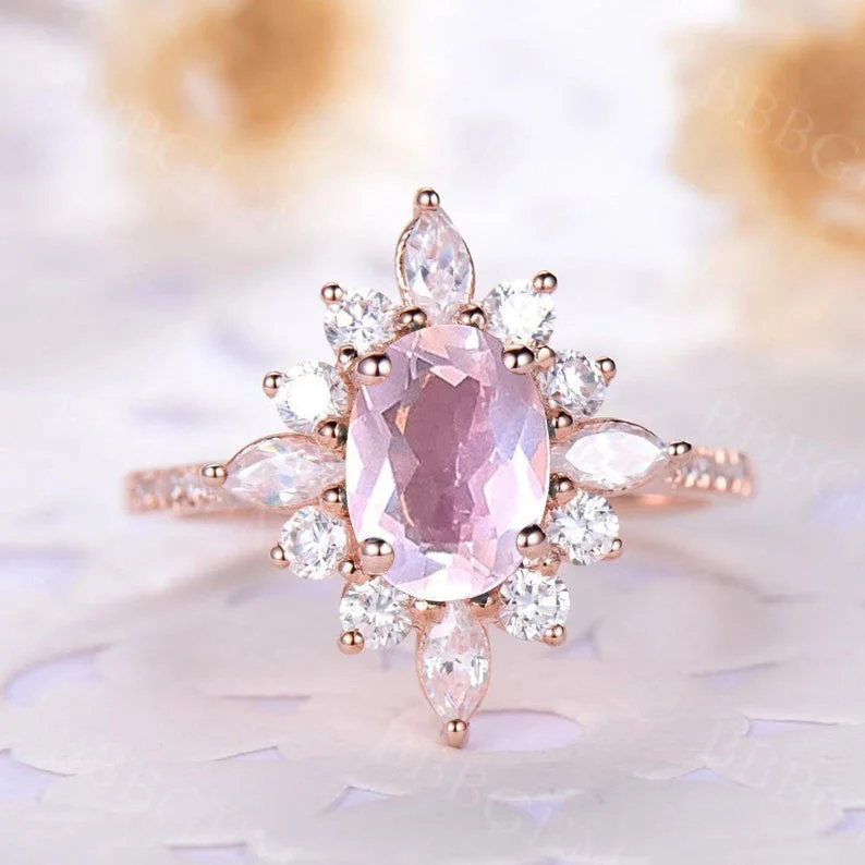 14k engagement rings -Art Deco Oval Cut Rose Quartz Engagement Ring Marquise Shaped Moissanite