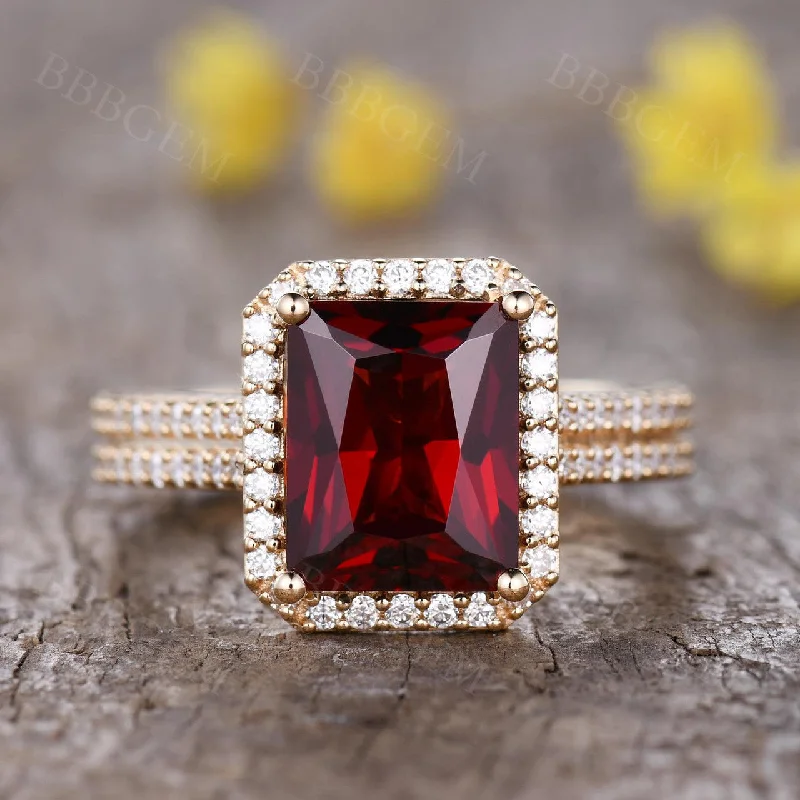 men custom engagement rings -4 Carat Natural Garnet Engagement Ring Yellow Gold Halo Diamond Wedding Band