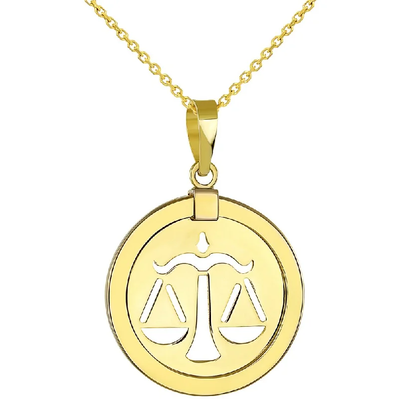 women statement necklaces -14K Yellow Gold Reversible Round Libra Scale Zodiac Sign Pendant Necklace