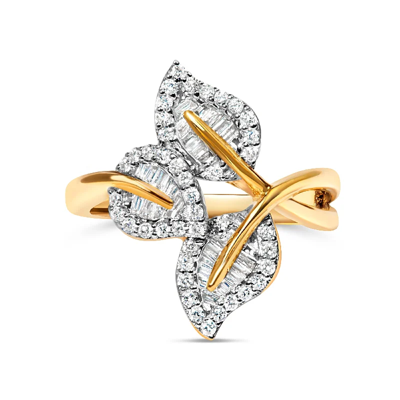 contemporary moissanite engagement rings -18K Yellow Gold Plated .925 Sterling Silver 1/2 Cttw Baguette and Round Diamond Bypass Triple Leaf Ring