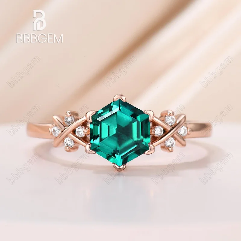 sapphire engagement rings -Womens Green Emerald Ring 1.0ct Hexagon Lab Emerald Cluster Engagement Ring Mother's Gift