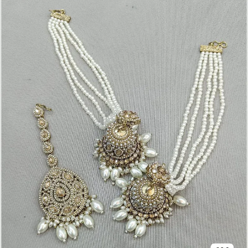 women cocktail earrings -Rani Sati Jewels Gold Plated Crystal Stone And Pearls Jhumki With Maangtikka