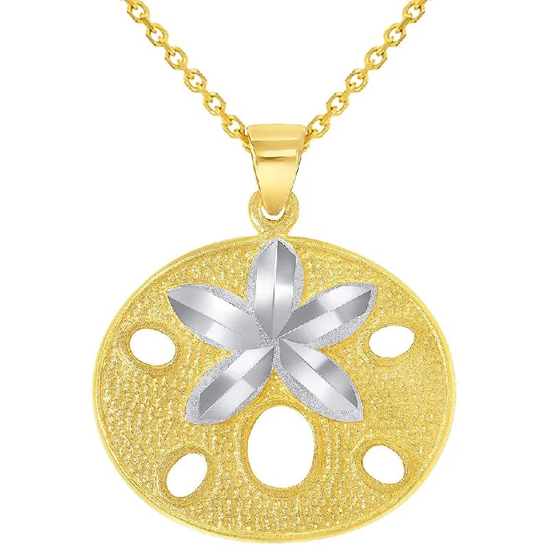 women 18k gold necklaces -Solid 14k Yellow Gold Sand Dollar Two Tone Sea Star Shell Pendant Necklace