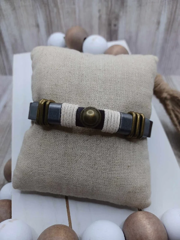 women handmade bracelets -Brown Leather Style Bracelet w/ White Woven, Pewter, & Green Accents