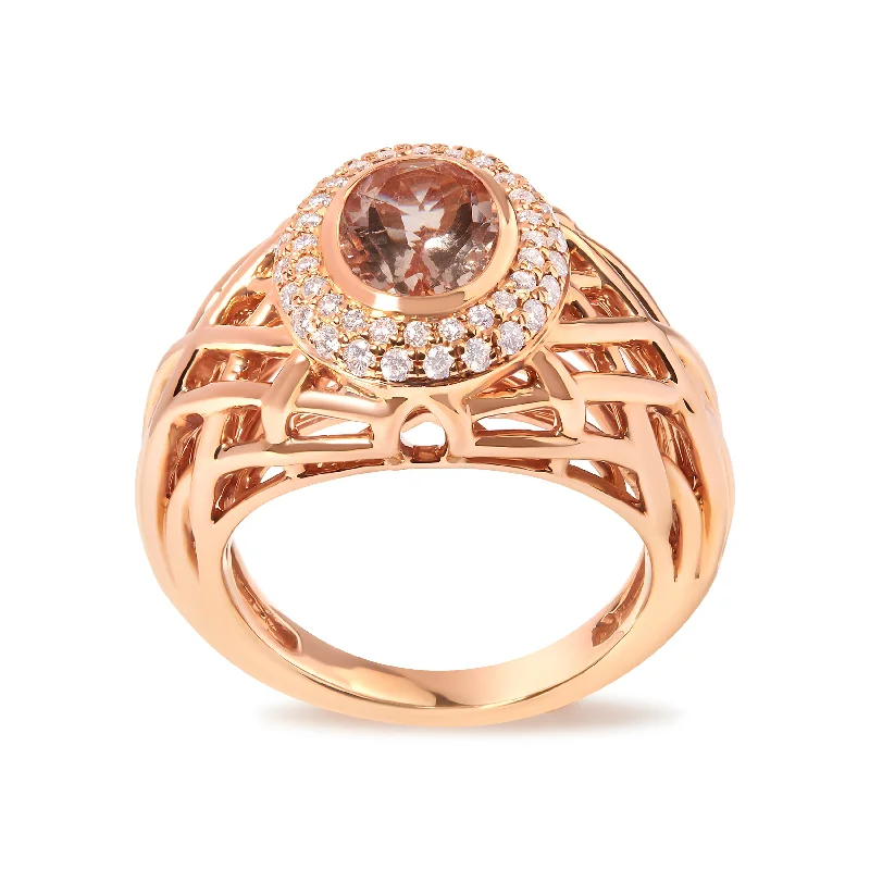 rose gold engagement rings -14K Rose Gold Oval Cut Light Pink Morganite and 3/8 Cttw Diamonds Halo and Basket Weave Cocktail Ring