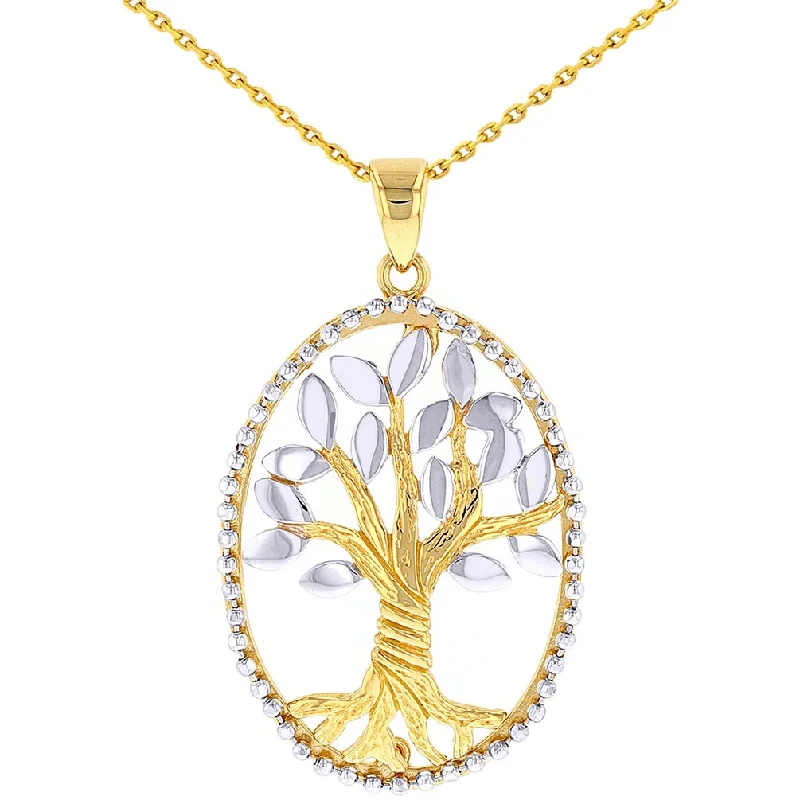 women luxury gold necklaces -Jewelry America Solid 14K Two-Tone Gold Oval Tree of Life Pendant Necklace