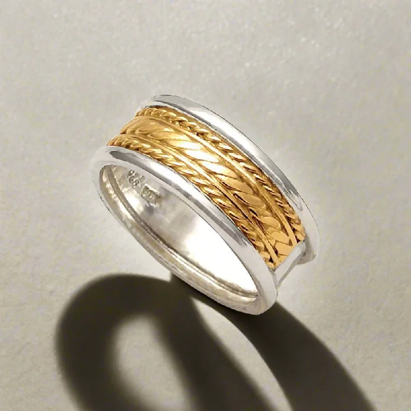 women round diamond rings -Three line rope ring in Sterling Silver with Gold 14k (DX-32)