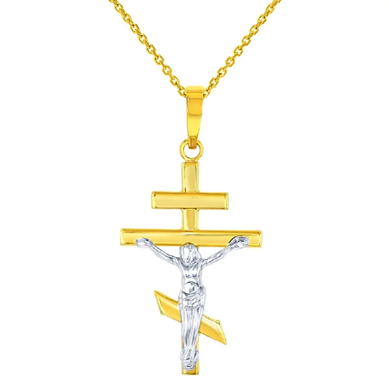 women rhinestone necklaces -14K Two-Tone Gold Russian Orthodox Cross Crucifix Pendant Necklace