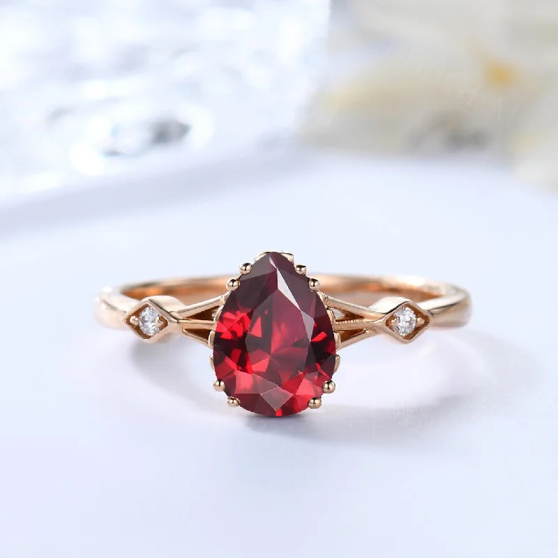 women classic engagement rings -Vintage Dark Red Garnet Engagement Ring Pear Cut Three Stone Diamond Rose Gold Wedding Ring Anniversary