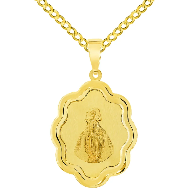 women personalized necklaces -14k Yellow Gold Elegant Miraculous Medal of Virgin Mary Pendant with Cuban Chain Curb Necklace