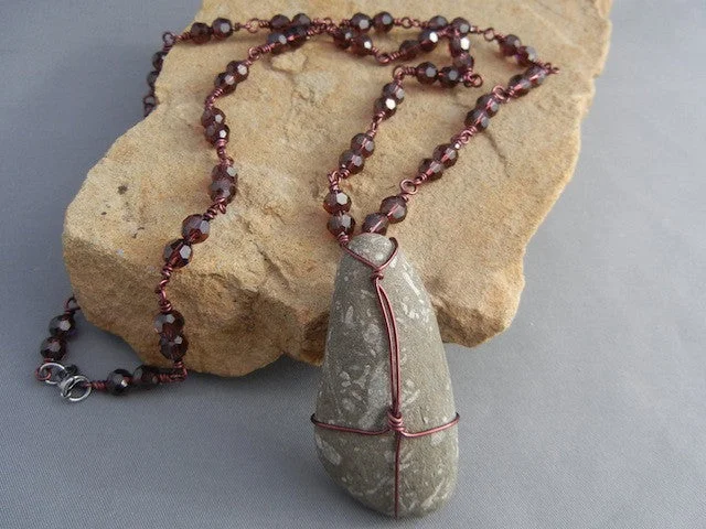 women fashion necklaces -Selkirk stone pendant necklace wrapped with red wire