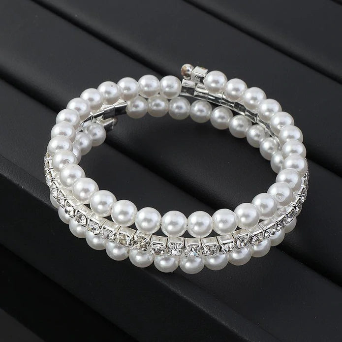 women bangles -White Pearl and Rhinestone Wrap Bracelet