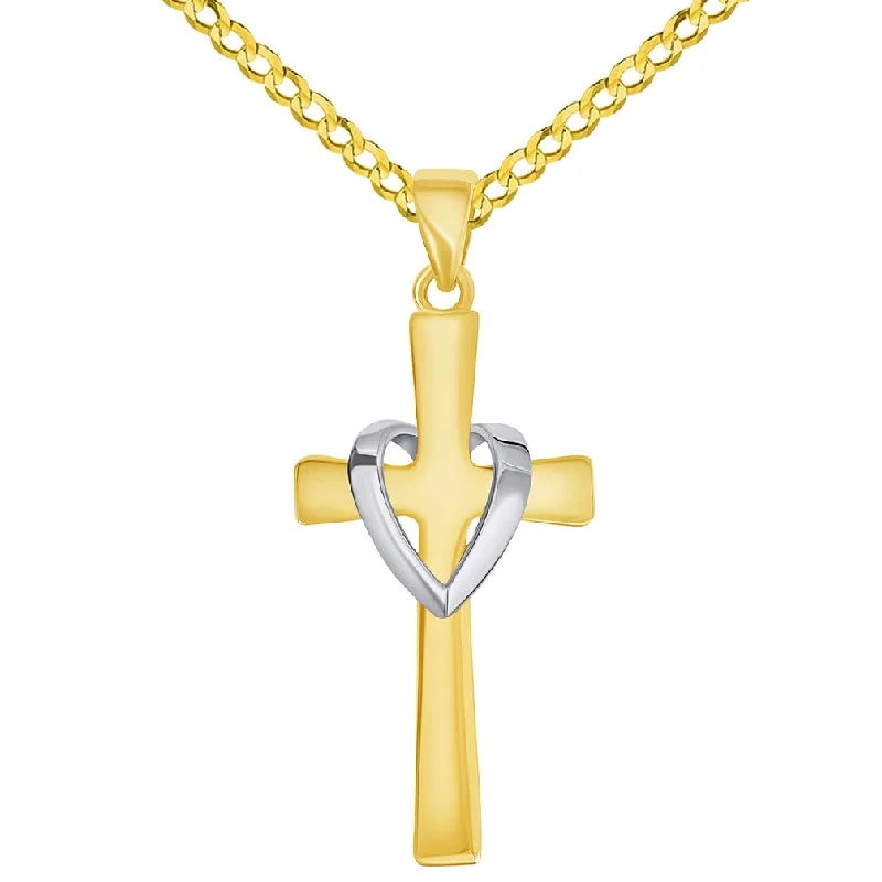 women large pendant necklaces -14k Solid Two-Tone Gold Religious Heart Cross Pendant with Cuban Curb Chain Necklace