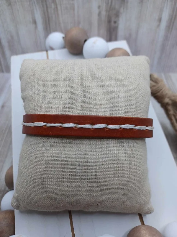 women fashion bangles -Light Brown Leather Style Bracelet w/ White Woven Detail