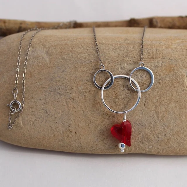 women birthstone pendant necklaces -Sterling silver chain necklace with circles and Swarovski crystal heart pendant