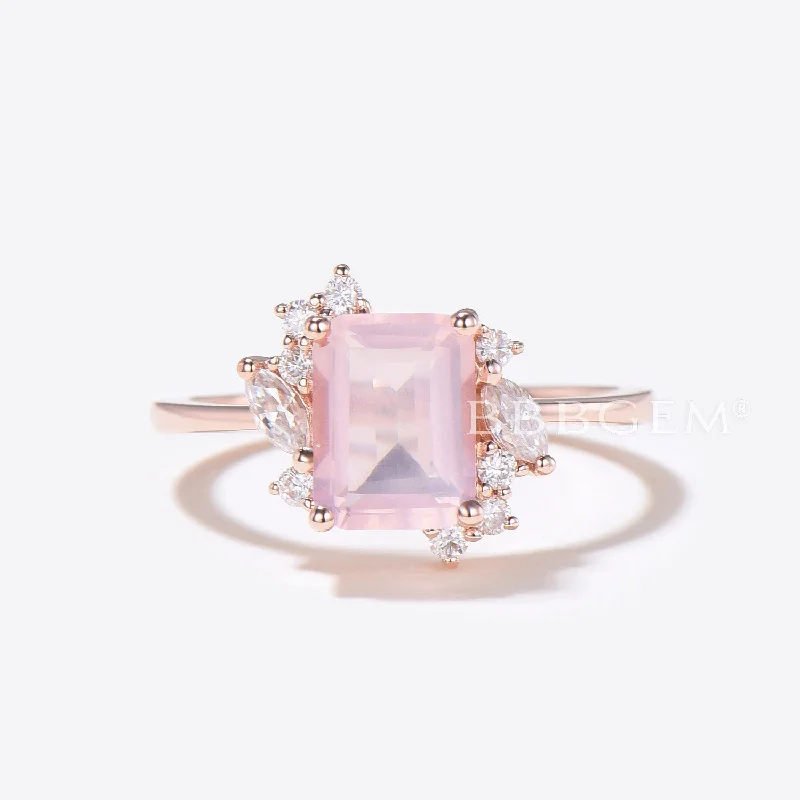 custom engagement rings -Emerald Cut Rose Quartz Engagement Ring Cluster Diamond Ring