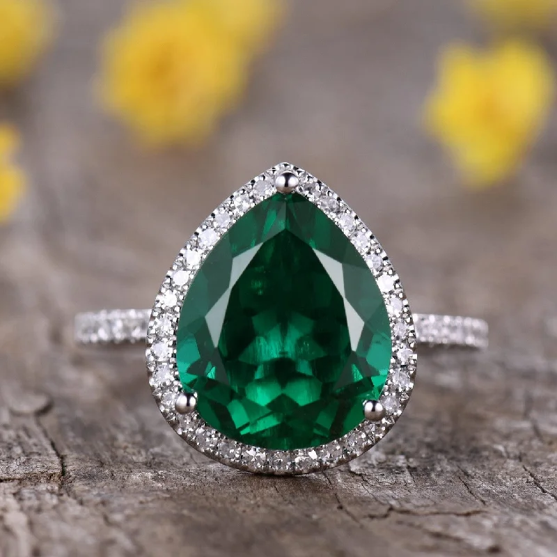 colored gemstone engagement rings -3 Carat Green Emerald Statement Ring 10x12mm Pear Teardrop Shape Women Cocktail Ring