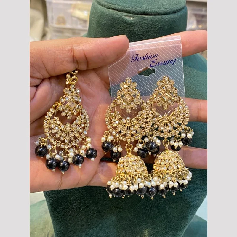 women chandelier earrings -Hira Collections Gold Plated Crystal Stone And Beads Jhumki Earrings With Maangtikka