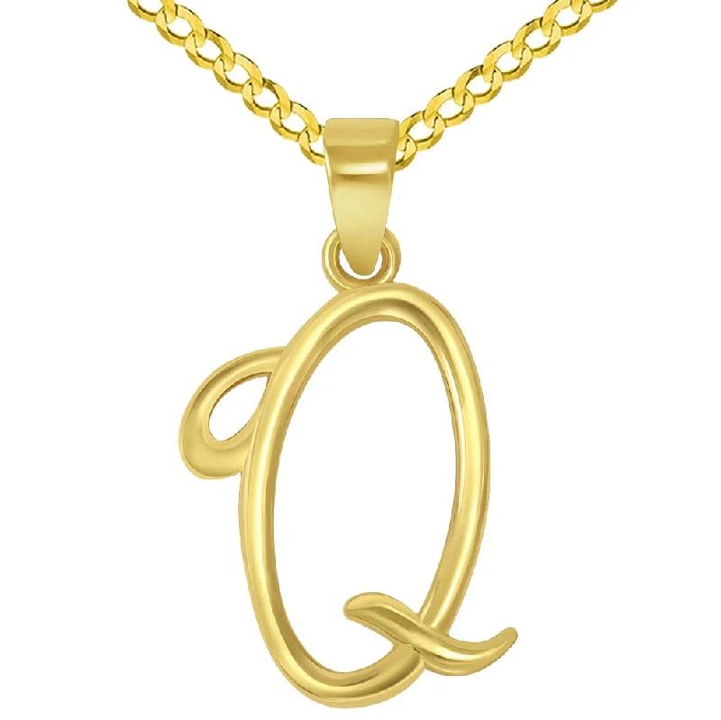 women custom necklaces -14k Yellow Gold Elegant Script Letter Q Cursive Initial Pendant with Concave Cuban Link Curb Chain Necklace