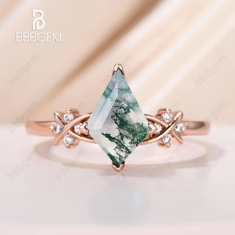 luxury engagement rings -Kite Cut Moss Agate Diamond Engagement Ring Geometric Moss Agate Jewelry 14K Rose Gold V Prong Kite Shaped Promise Ring