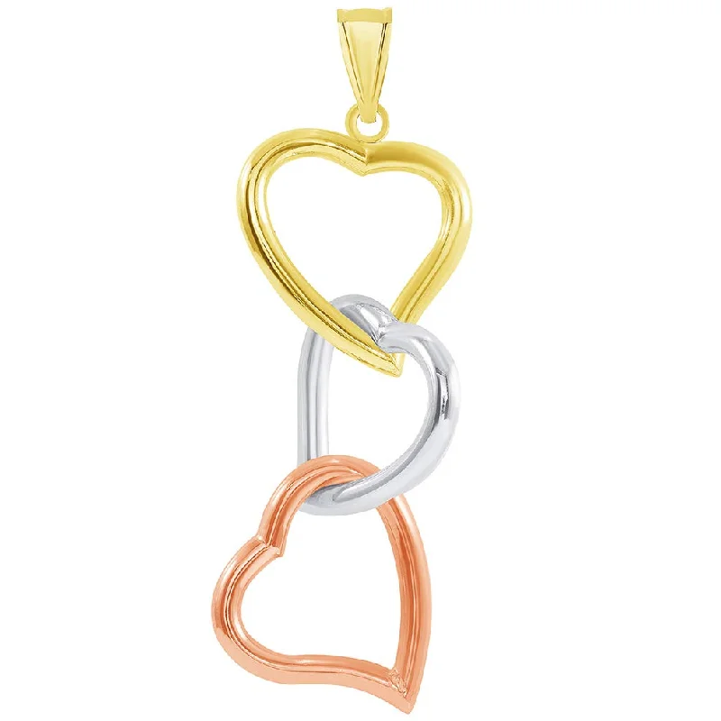 women engraved necklaces -14k Tri-Color Gold Three Hearts Interlocking Dangling Down Pendant