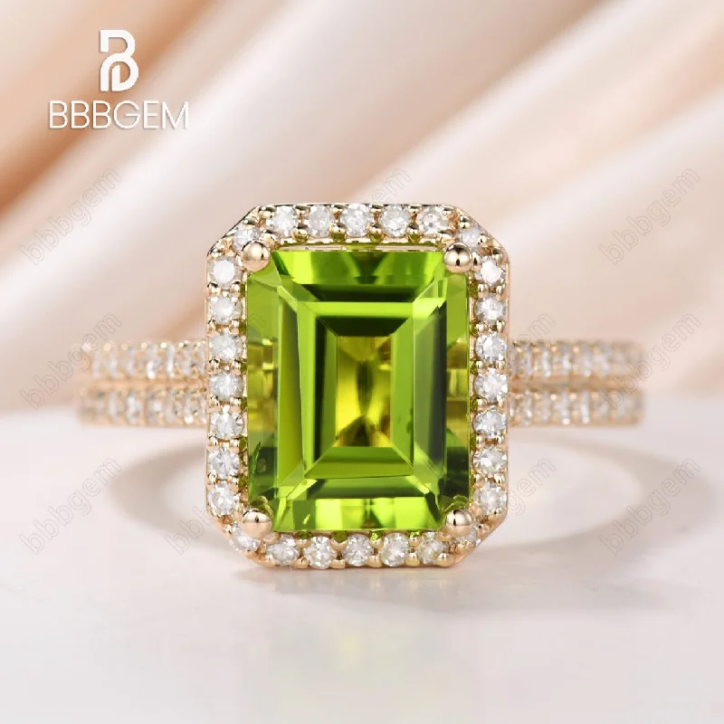 classic white gold engagement rings -8x10mm Peridot Engagement Ring Emerald Cut Diamond Wedding Band