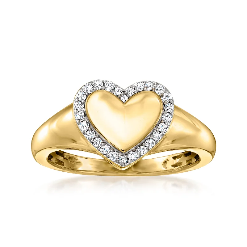 vintage-style diamond engagement rings -Ross-Simons Diamond Heart Signet Ring in 14kt Yellow Gold