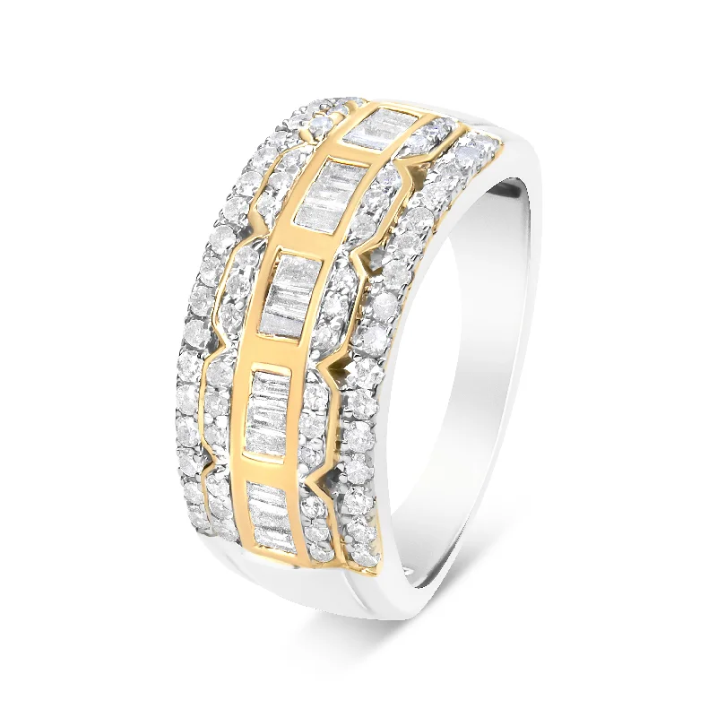 men custom engagement rings -10K White and Yellow Gold 1.00 Cttw Baguette and Round cut Diamond Art Deco Multi-Row Ring Band