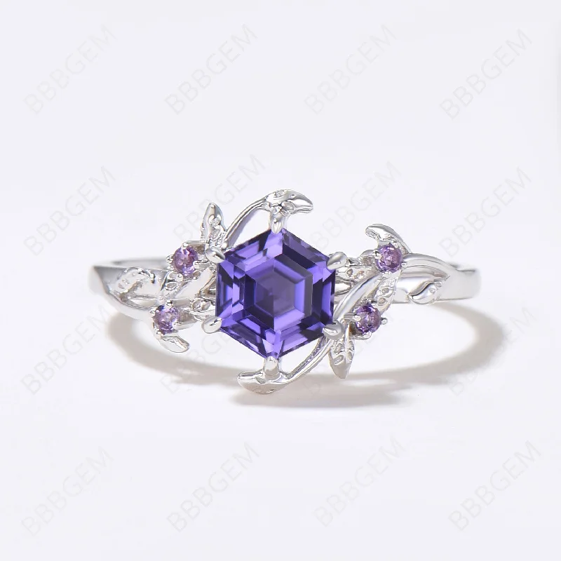 simple platinum engagement rings -Twig Leaf Purple Sapphire Engagement Ring Natural Inspired Ring