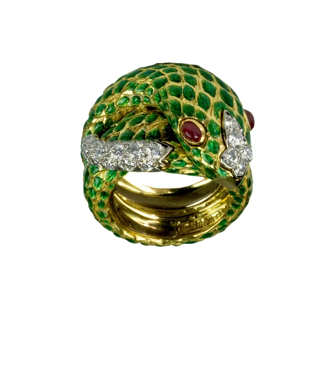 women eternity engagement rings -Snake Ring, Green Enamel