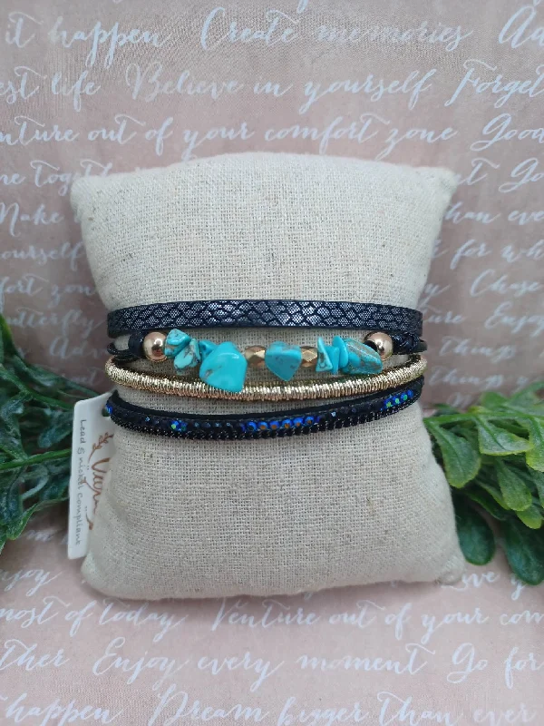 women statement bracelets -Black & Gold Bracelet w/ Turquoise Crackle Stone Accents