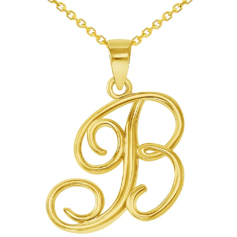 women drop necklaces -14k Yellow Gold Elegant Script Letter B Cursive Initial Pendant Necklace