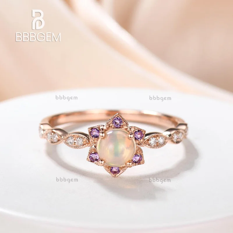 antique diamond engagement rings -Dainty 0.5 Carat Round Cut Opal Engagement Ring Amethyst Halo Rose Gold