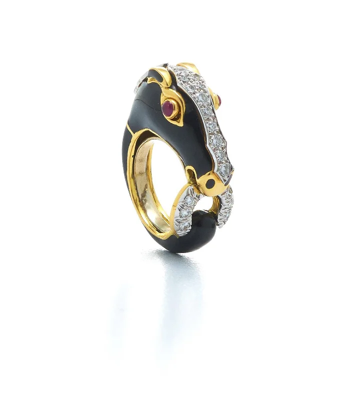 women minimalist rings -Horse Ring, Black Enamel, Ruby