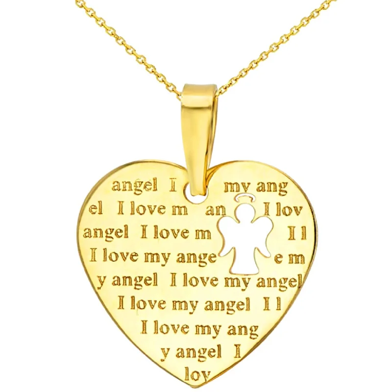 women crystal pendant necklaces -14K Yellow Gold Heart Charm with I Love My Angel Script Pendant Necklace