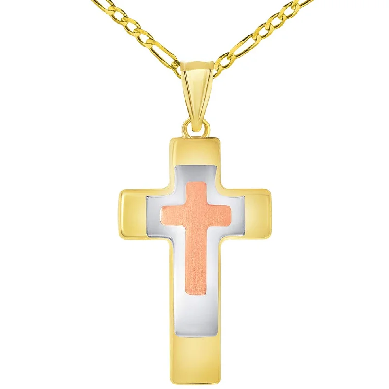 women animal pendant necklaces -14k Yellow Gold High Polished Tri-Tone Religious Cross Pendant with Figaro Chain Necklace