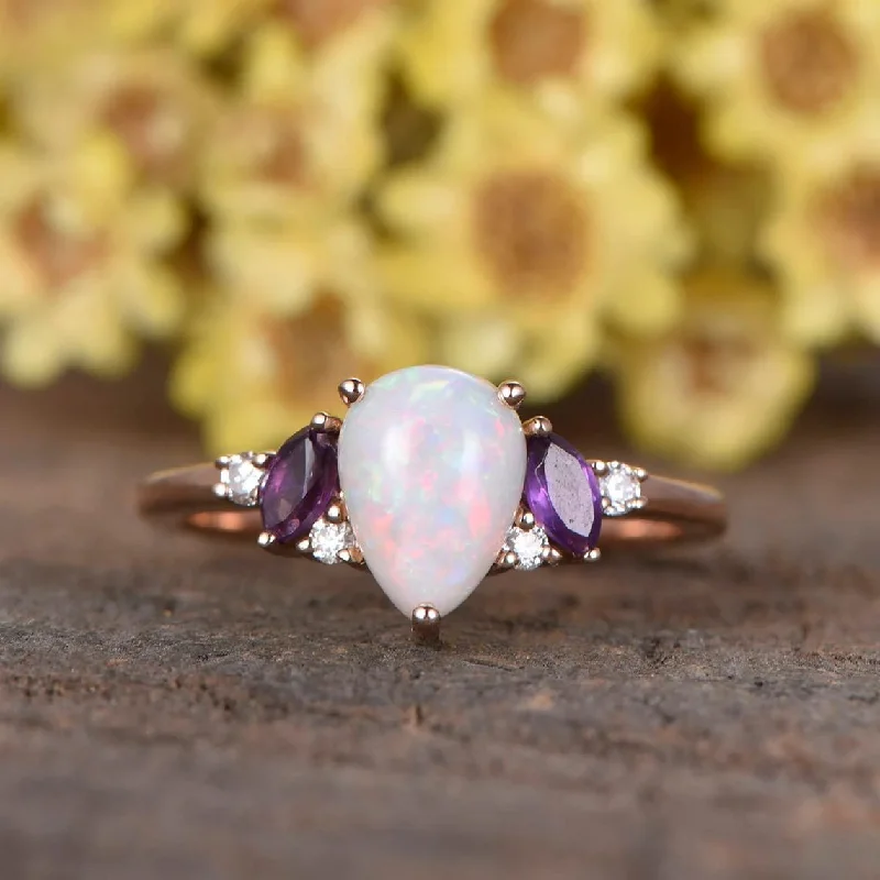 vintage-style engagement rings -0.75ct Pear Shaped Natural Australia Opal Engagement Ring Amethyst Diamond Cluster Decor