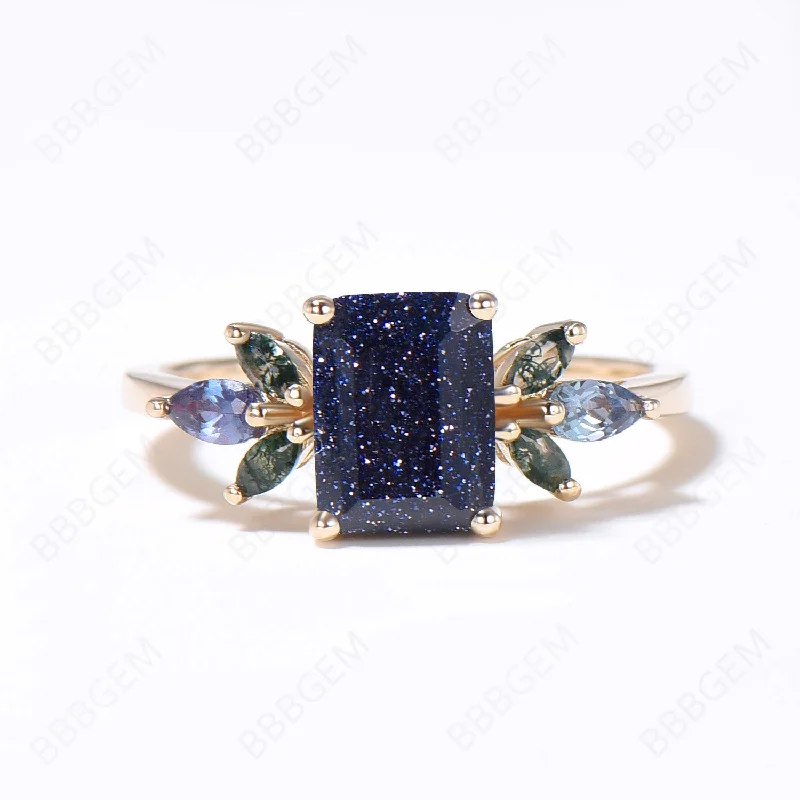 classic solitaire engagement rings -2ct Emerald Cut Starry Sky Blue Sandstone Engagement Ring 14k Gold Blue Goldstone Ring Cluster Alexandrite Agate Ring 7 Stones Ring