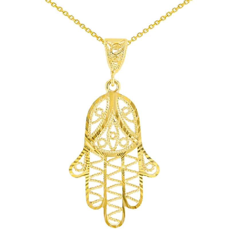 women drop necklaces -Solid 14K Yellow Gold Filigree Hamsa Charm Textured Hand of God Pendant Necklace