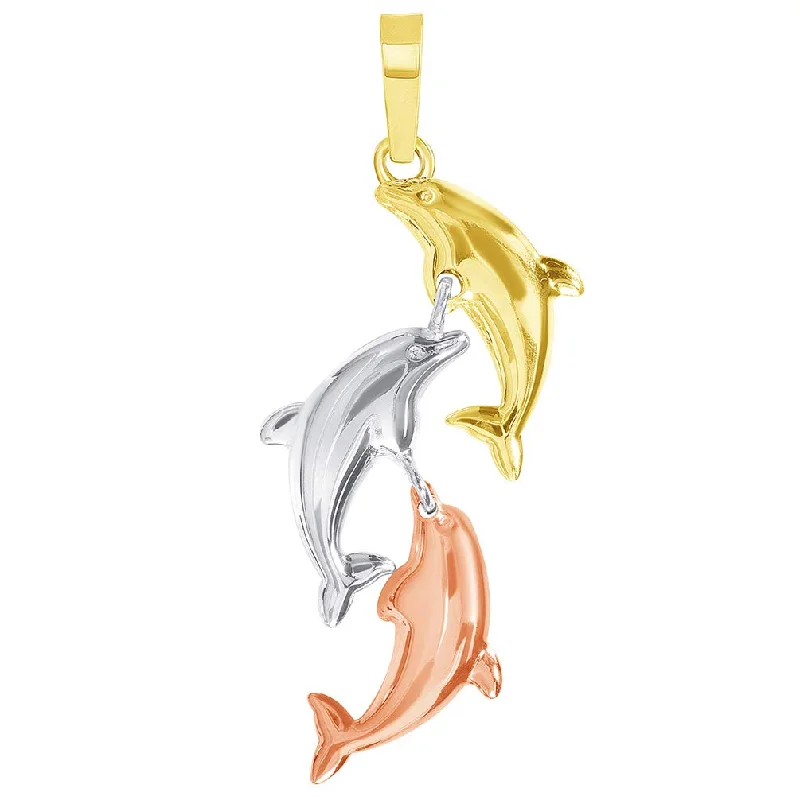 women engraved gold necklaces -14k Tri-Color Gold Dangling Three Dolphins Jumping Up Pendant