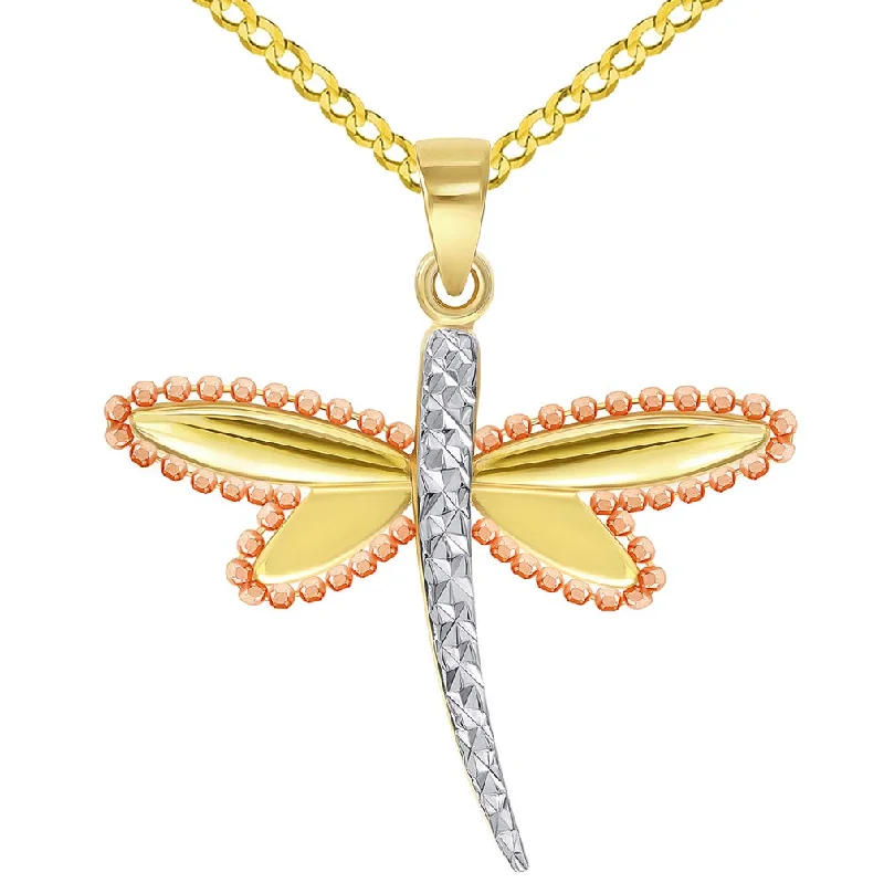 women custom engraved necklaces -14k Yellow Gold and Rose Gold Beaded Dragonfly Tri-Tone Pendant with Cuban Curb Chain Necklace