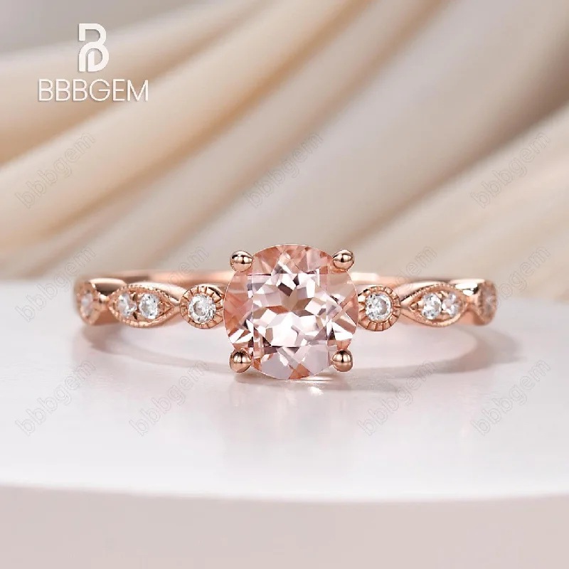 unique engagement rings -1 Carat Round Natural Morganite Ring 18K Rose Gold Plated Silver Bridal Ring Milgrain Marquise and Moissanite Ring