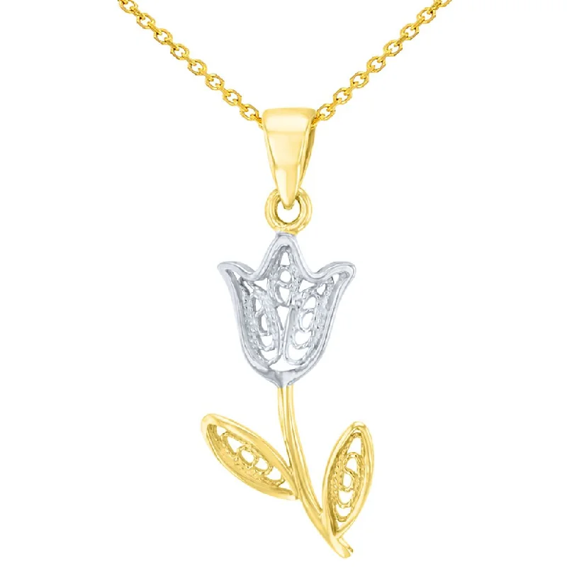 women personalized necklaces -14K Yellow Gold Filigree Tulip Flower Pendant Necklace