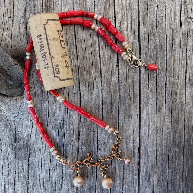 women statement necklaces -Red coral necklace with bronze branch pendant and freshwater pearls