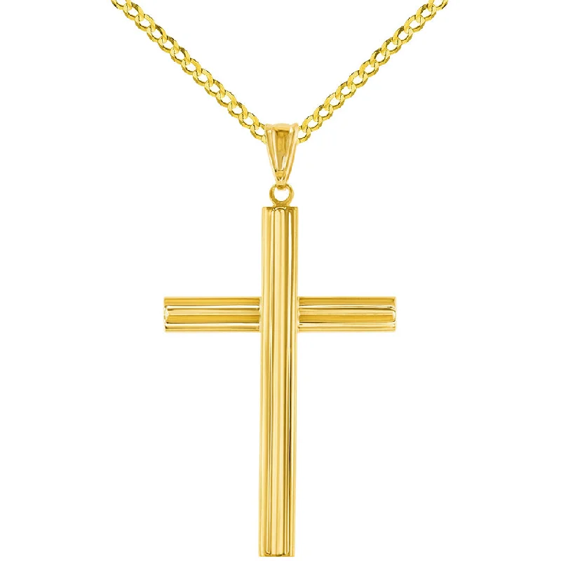 women wedding necklaces -14K Yellow Gold Plain Religious Cross Pendant with Cuban Chain Necklace