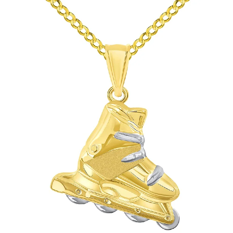 women gemstone pendant necklaces -High Polish 14k Yellow Gold 3D Roller Skate Two-Tone Inline Roller Blade Pendant with Cuban Curb Chain Necklace